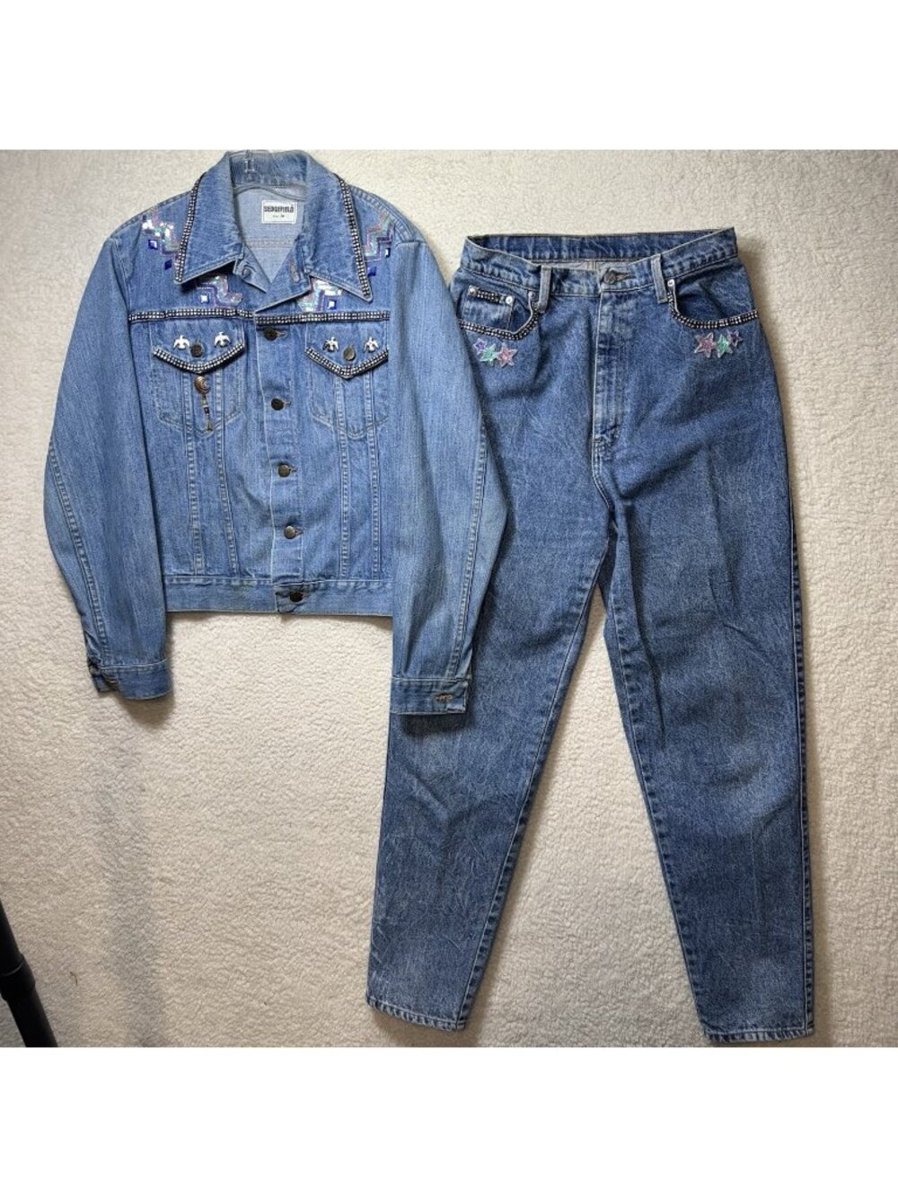 Vintage 80s Bedazzled Denim Set Western Embellished Jacket Jean Southwest M READ